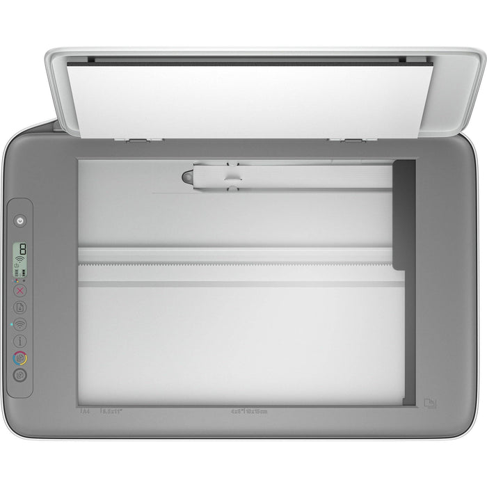 Scanner della stampante HP DeskJet 2820e con coperchio aperto, ideale per digitalizzare documenti e immagini.