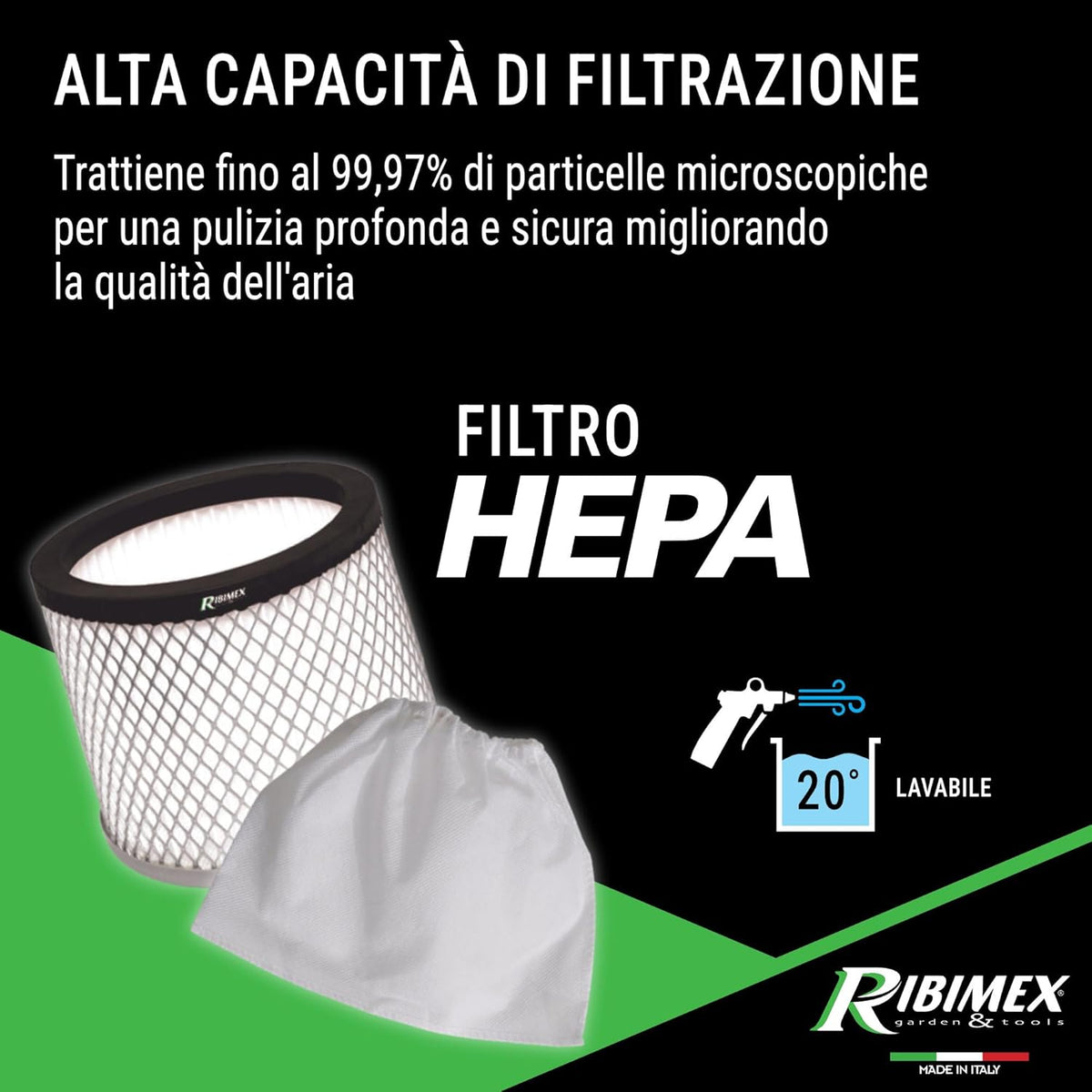 Filtro HEPA lavabile per Aspiracenere Cene Top, trattiene il 99,97% delle particelle microscopiche per una pulizia profonda e sicura.