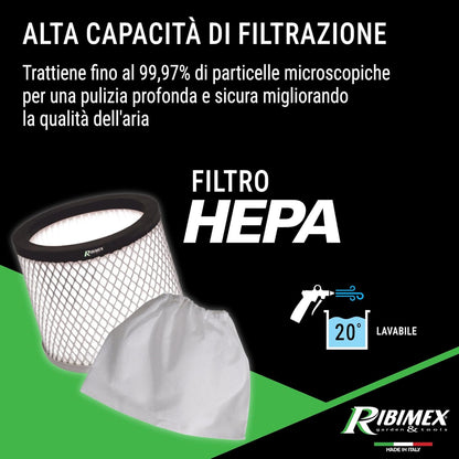 Filtro HEPA lavabile per Aspiracenere Cene Top, trattiene il 99,97% delle particelle microscopiche per una pulizia profonda e sicura.