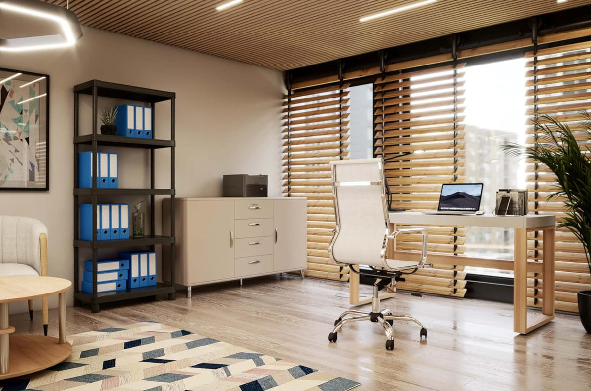Scaffale in resina con 5 ripiani rinforzati, posizionato in un ufficio moderno, utilizzato per archiviare documenti e cartelle.
