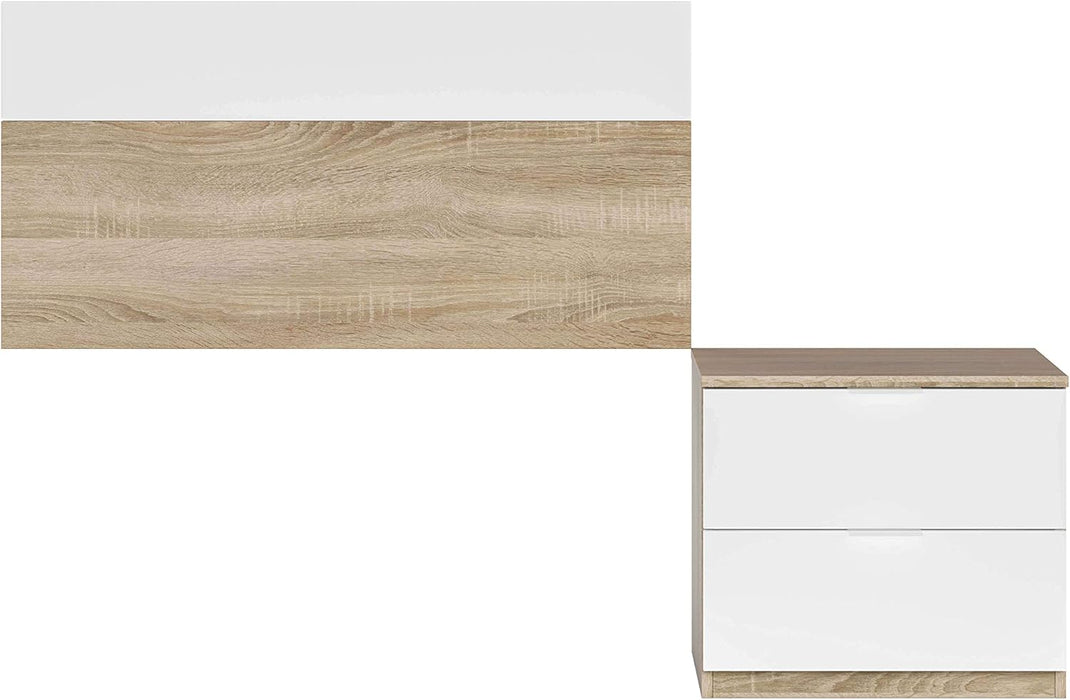 Set testiera per letto singolo e comodino in finitura Rovere Canadian e Bianco Artik. Design moderno con linee pulite e materiali resistenti.