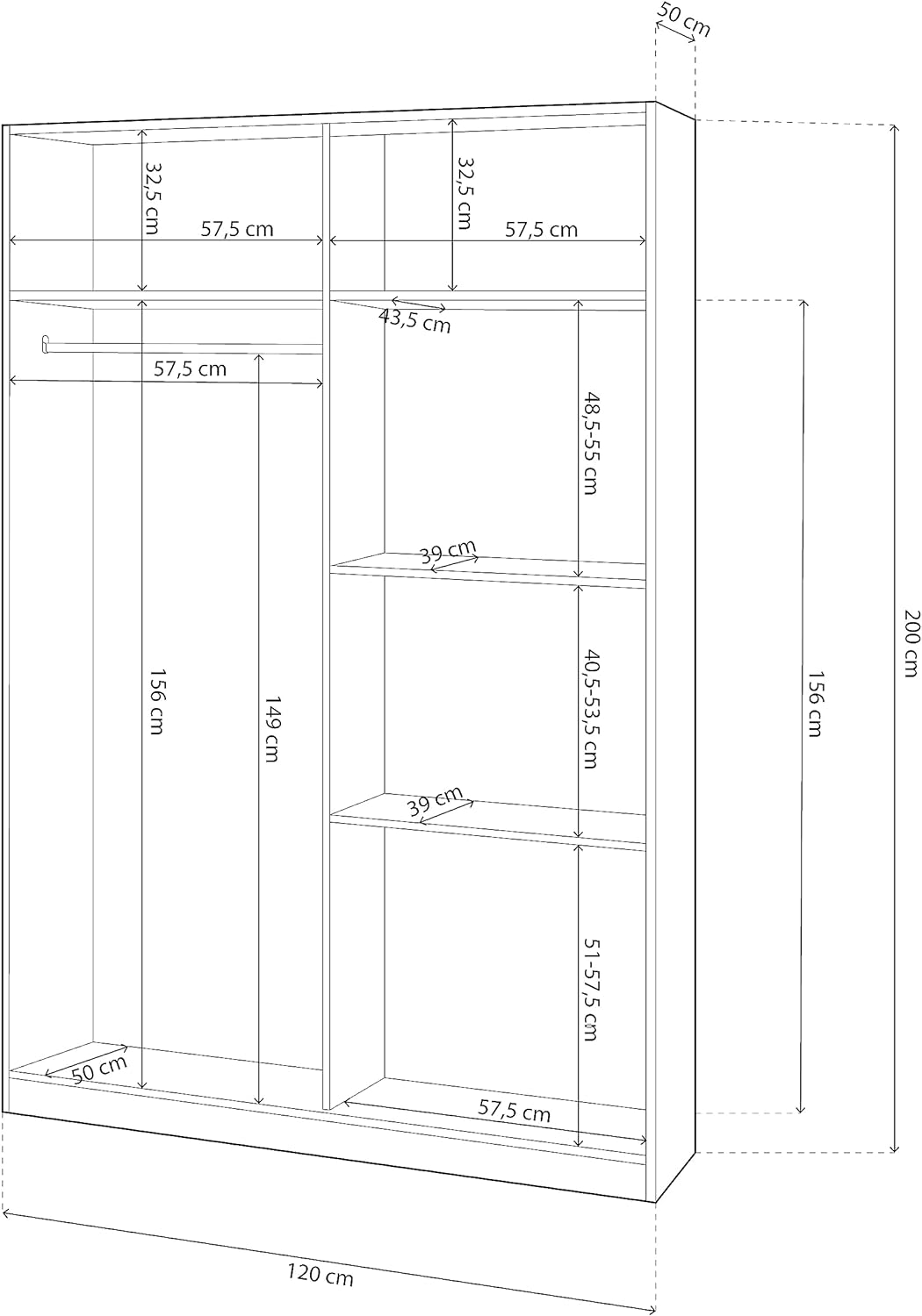 Schema tecnico armadio bianco 2 ante scorrevoli 120x50x200 con misure dettagliate di ripiani e area appendiabiti.