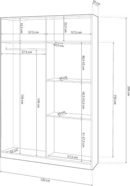 Schema tecnico armadio bianco 2 ante scorrevoli 120x50x200 con misure dettagliate di ripiani e area appendiabiti.