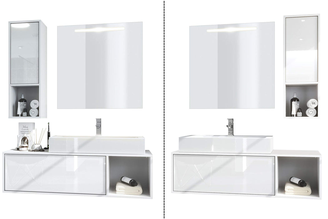 Set bagno Vladon La Costa: struttura bianco opaco, frontali marmo grafite, con lavabo e specchio LED.