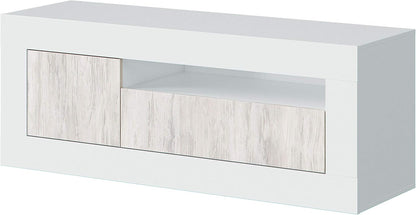 Vista angolare del Mobile TV bianco Baltik, design compatto e moderno con finiture effetto legno.