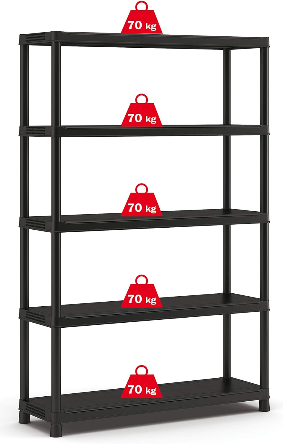 Scaffale in resina PLUS 120x40x187H con 5 ripiani, capacità di carico di 70 kg per ripiano, perfetto per carichi pesanti.