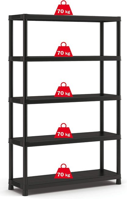 Scaffale in resina PLUS 120x40x187H con 5 ripiani, capacità di carico di 70 kg per ripiano, perfetto per carichi pesanti.