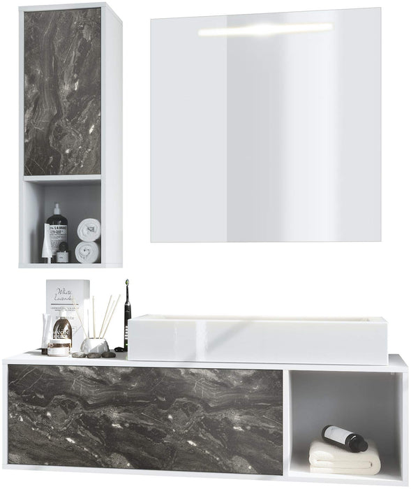 Set bagno Vladon La Costa: struttura bianco opaco, frontali marmo grafite, con lavabo e specchio LED.