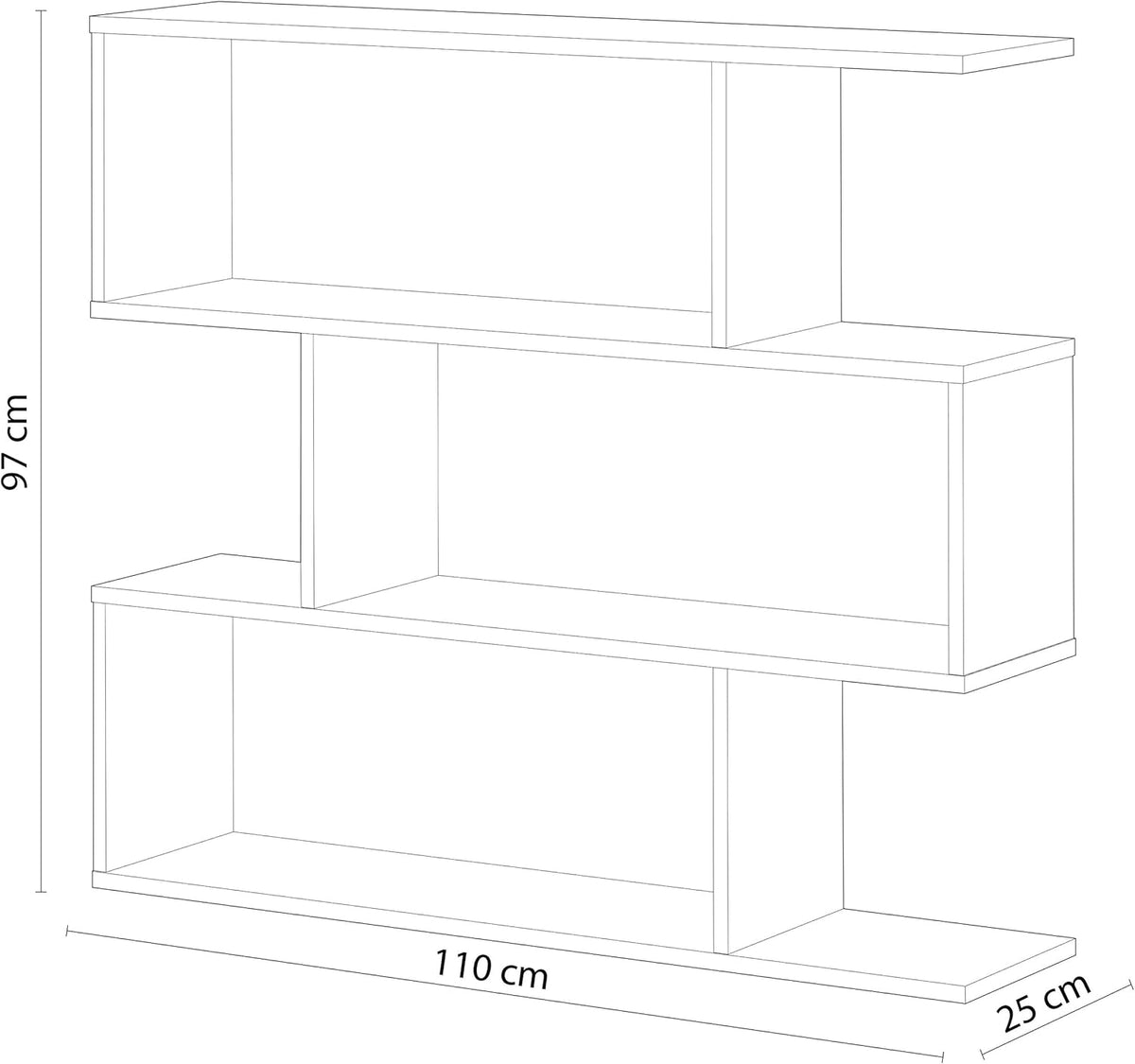 Disegno tecnico della libreria alta Athena a zig zag colore cemento, dimensioni 110x97x25 cm, ideale per spazi moderni.