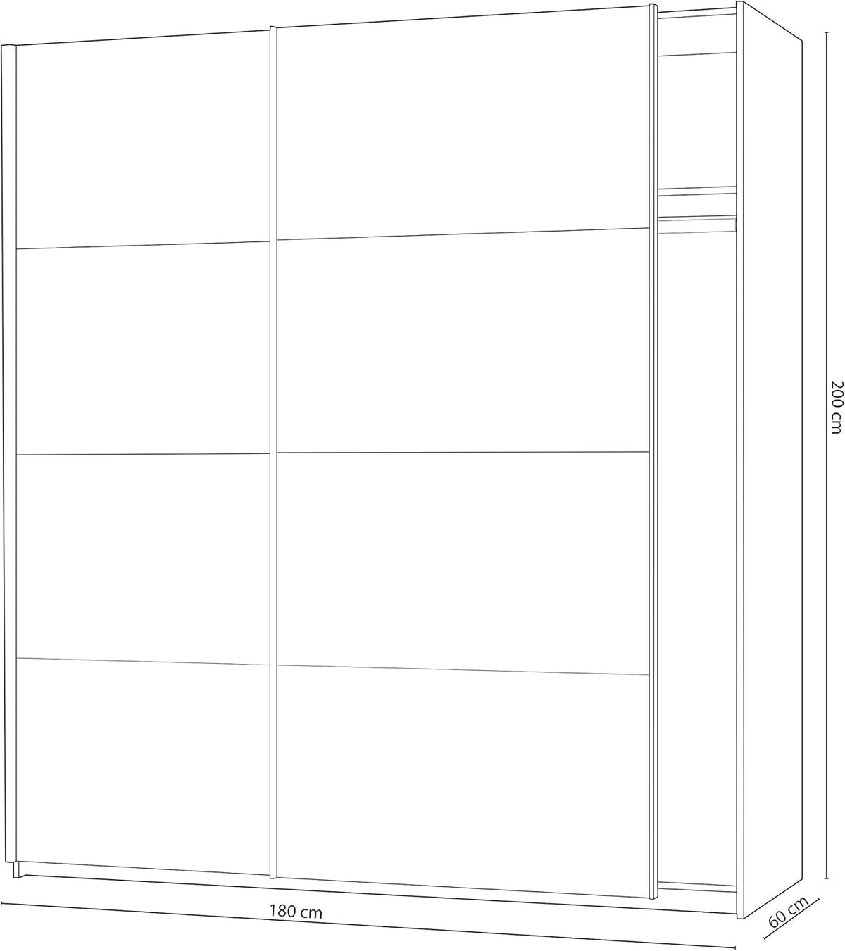 Disegno tecnico dell'armadio a due ante scorrevoli Bianco Artik e Rovere Alaska con dimensioni 180x60x200h.