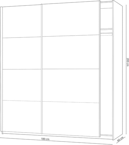 Disegno tecnico dell'armadio a due ante scorrevoli Bianco Artik e Rovere Alaska con dimensioni 180x60x200h.