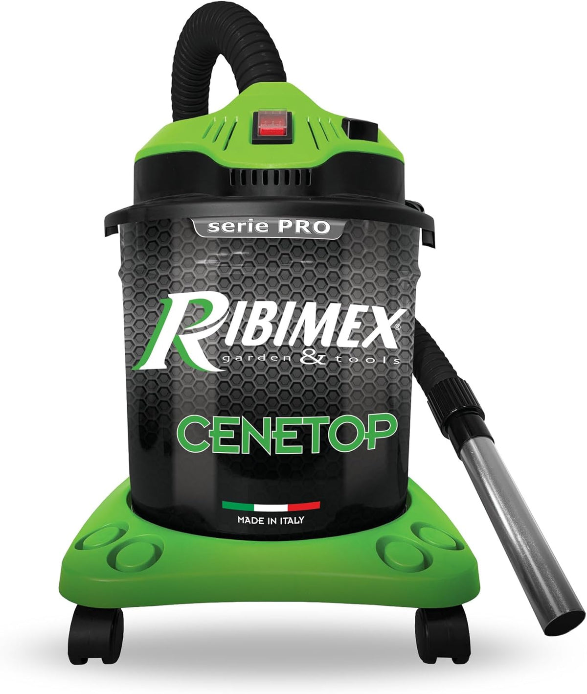 Aspiracenere Cene Top 18lt 1200W con design verde e nero, filtro HEPA e serbatoio da 18L. Ideale per pulizia di stufe e caminetti.