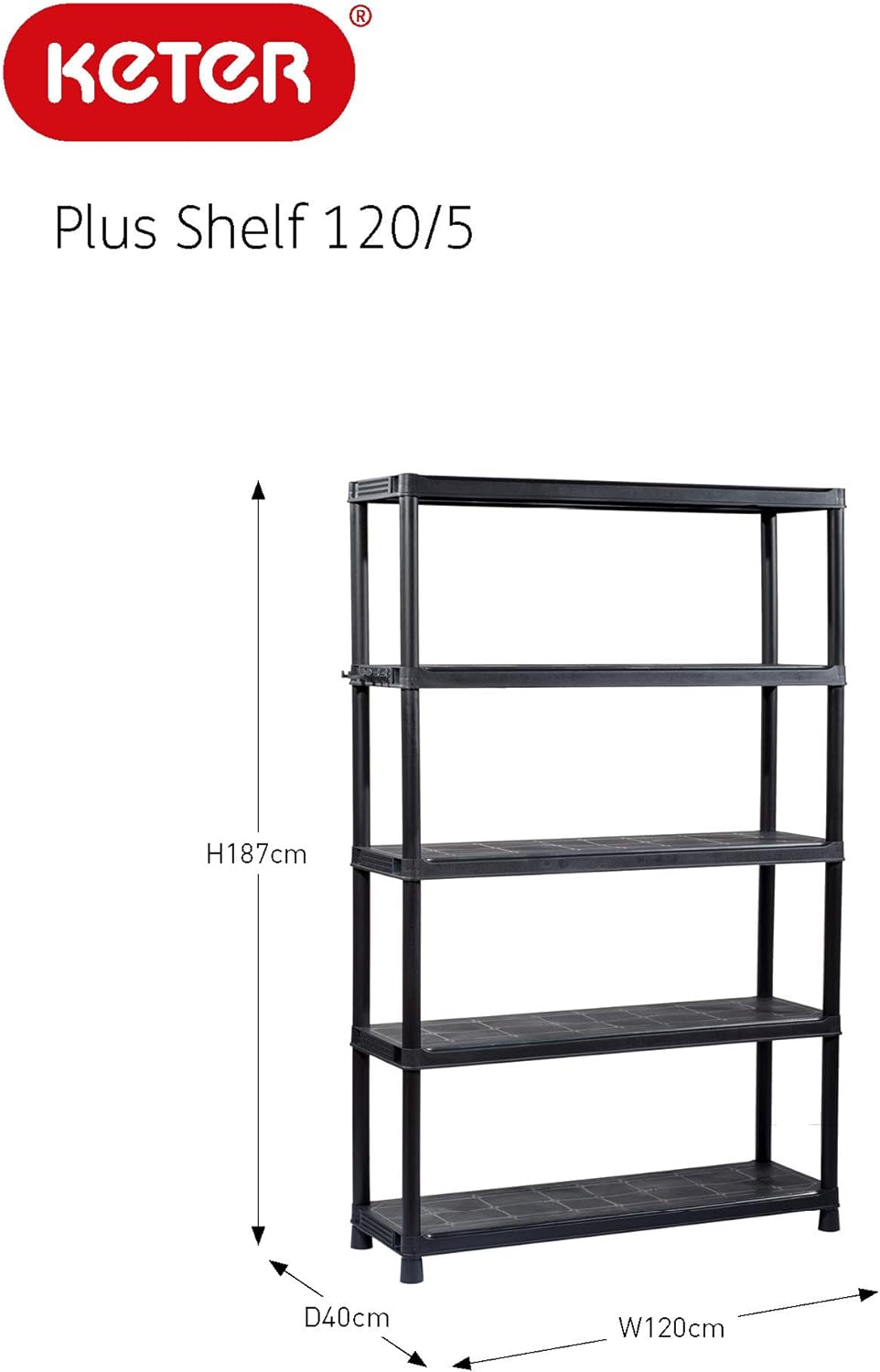 Scaffale Keter PLUS 120/5 con dimensioni 120x40x187H, 5 ripiani e capacità di carico di 70 kg per ripiano, design compatto.