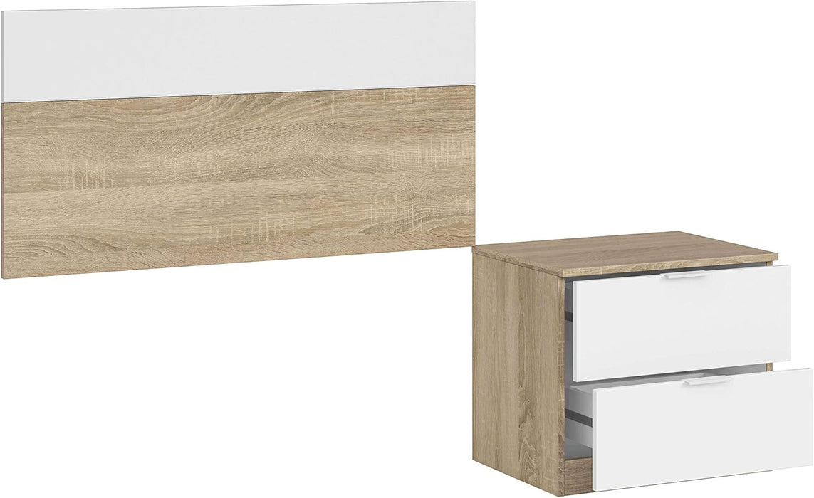 Comodino con due cassetti e testiera per letto singolo in Rovere Canadian e Bianco Artik. Perfetto per un arredamento minimalista.