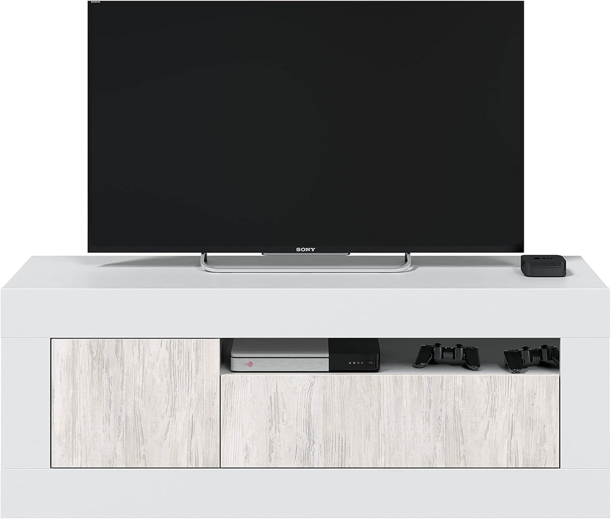 Mobile TV bianco Baltik 139x42x53 cm con 3 ante, foro passacavi e design moderno, ideale per salotto.