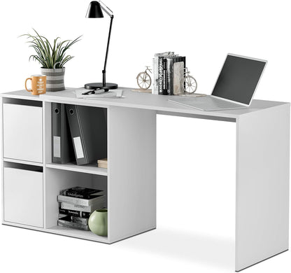 Scrittoio bianco opaco con vani portaoggetti e cassetti, decorato con libri, piante e laptop. Ideale per ufficio o studio domestico.