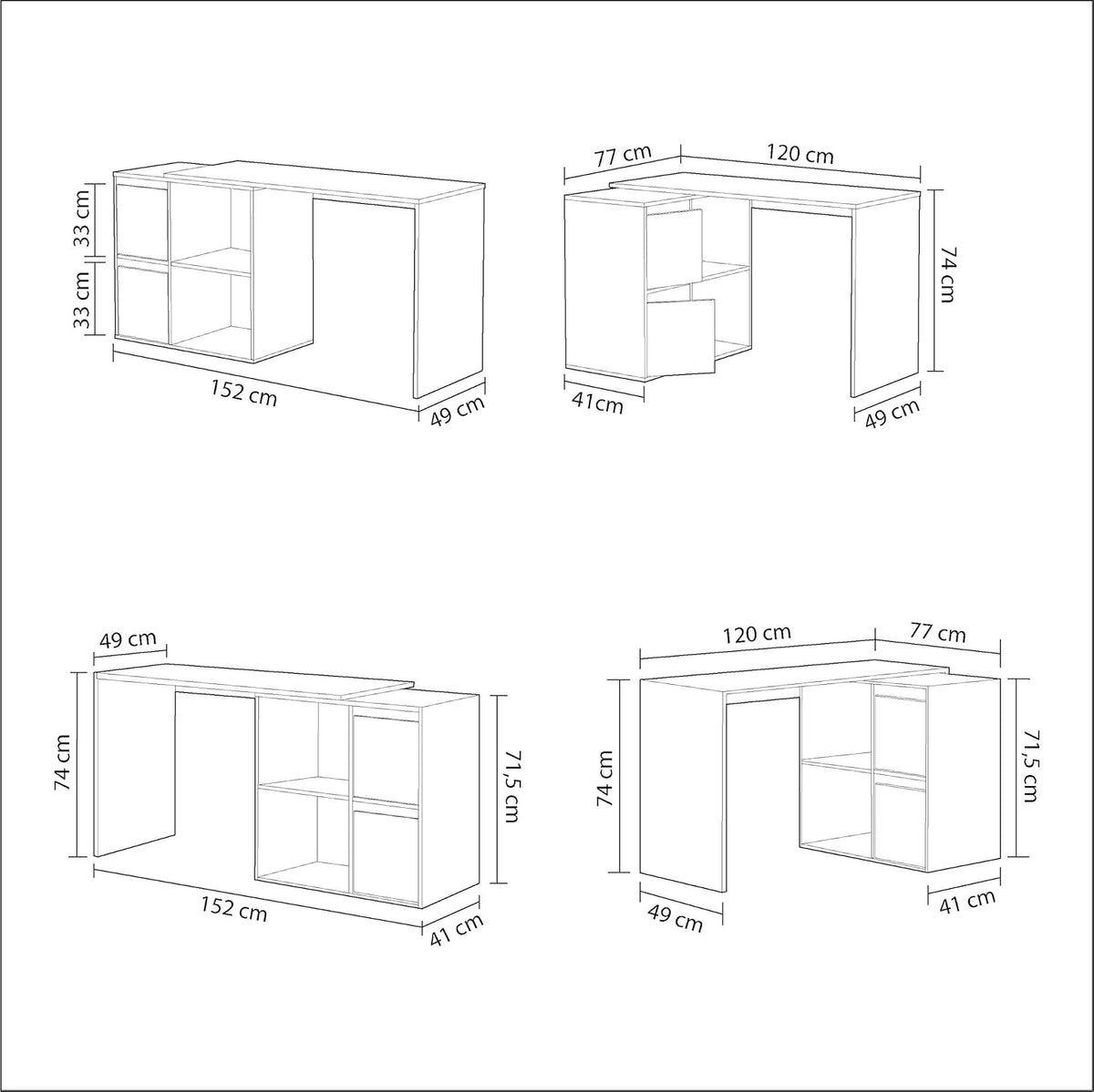 Disegno tecnico del scrittoio reversibile bianco con dimensioni 120x49x78 cm. Mostra configurazioni e misure dettagliate per spazi diversi.