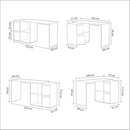 Disegno tecnico del scrittoio reversibile bianco con dimensioni 120x49x78 cm. Mostra configurazioni e misure dettagliate per spazi diversi.