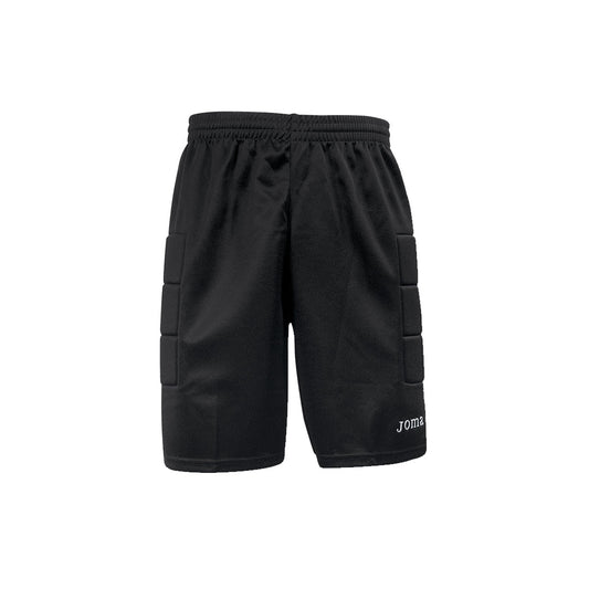 Pantaloni corti da portiere in poliestere nero con protezioni sui fianchi e sulle gambe, logo Joma sul lato, ideali per calcio e calcetto.