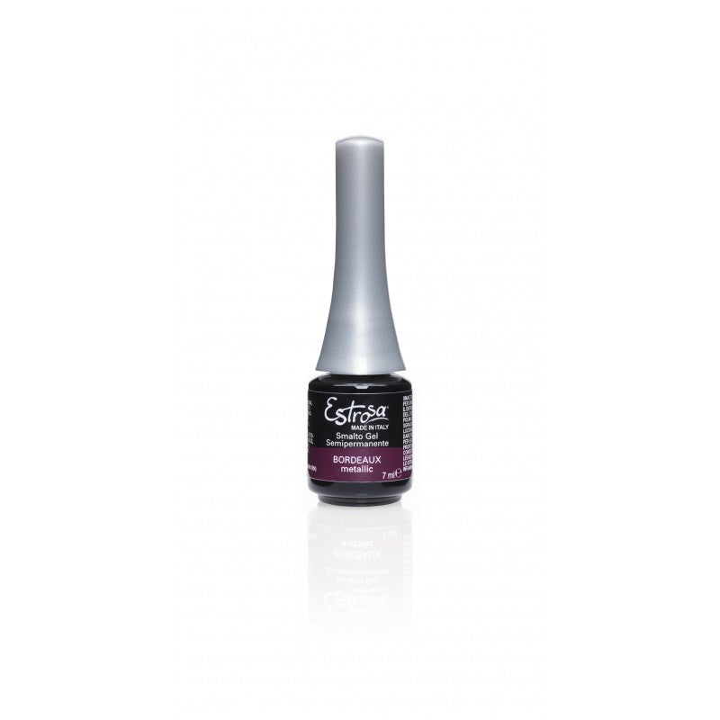 Smalto gel semipermanente Bordeaux Metallic di Estrosa in bottiglia da 7 ml, con finitura brillante e resistente alle UV, ideale per unghie eleganti e durature