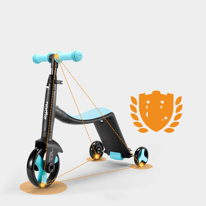 Scooter triciclo 3 in 1 blu con simbolo di sicurezza