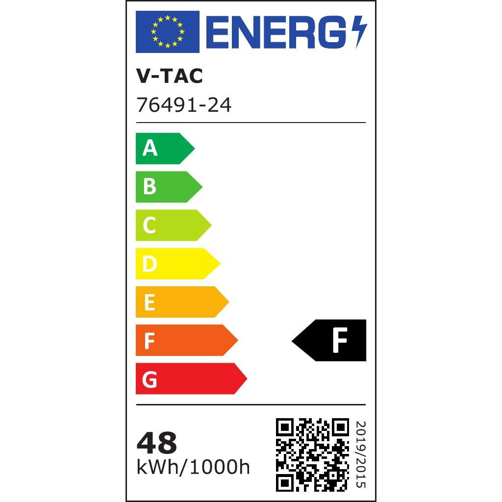 Etichetta energetica della Plafoniera LED 48W V-TAC classe F, consumo 48 kWh/1000h, conforme agli standard europei.