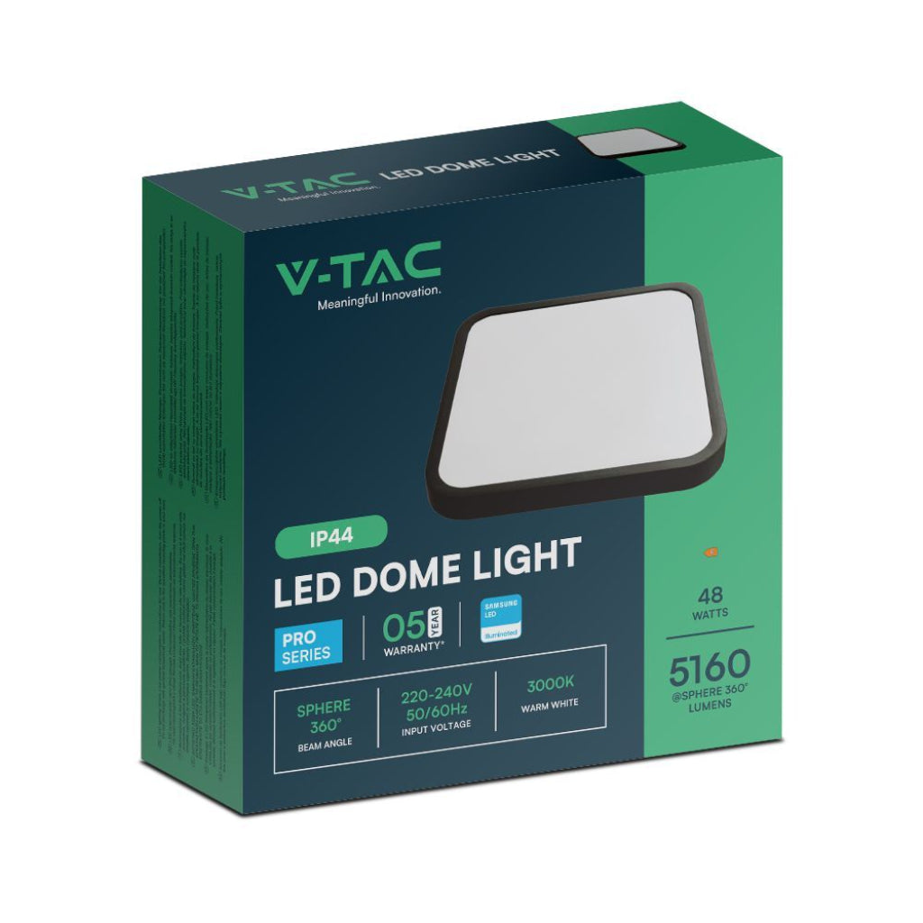 Confezione della Plafoniera LED 48W Nera IP44 V-TAC con chip Samsung, luce calda 3000K e 5160 lumen, ideale per uso professionale.