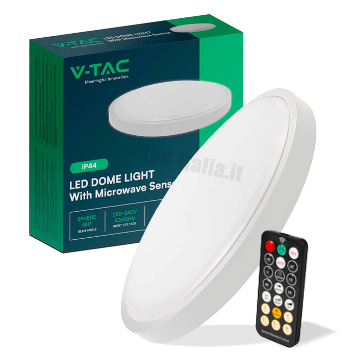 Plafoniera LED 18W rotonda con sensore microonde, cornice bianca, luce fredda 6500K IP44, modello VT-8618S V-TAC con telecomando incluso