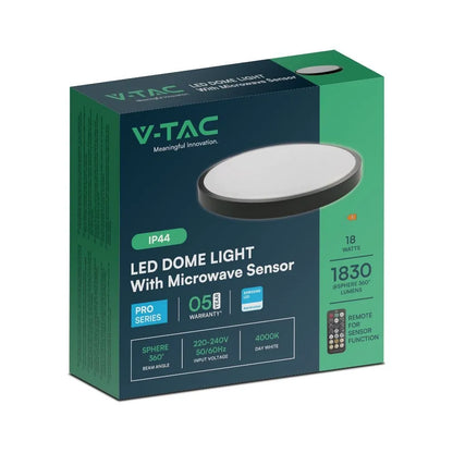 Plafoniera LED V-TAC nera con sensore e chip Samsung, diametro 295mm, ideale per illuminazione domestica, materiale plastico, 18W, 4000K, SKU: 76691-24