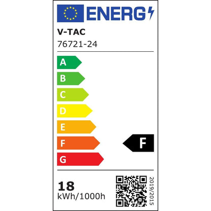 Etichetta energetica con classe F, consumo di 18 kWh/1000h, simbolo di efficienza energetica, QR code e dettagli tecnici