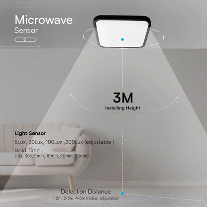 Illuminazione a soffitto con plafoniera LED quadrata con sensore a microonde, superficie luminosa bianca e bordo nero, installata in ambiente moderno