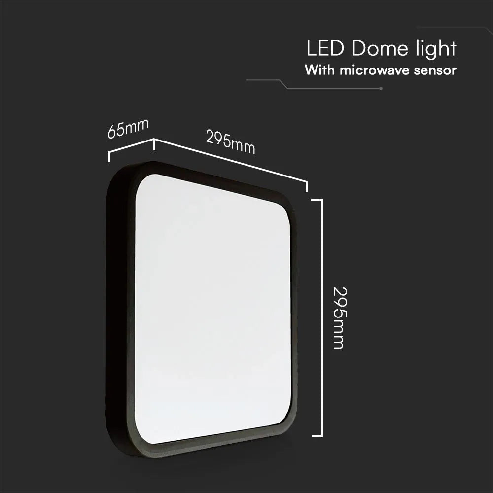 Dettaglio della plafoniera LED con dimensioni 295x295mm, cornice nera e superficie luminosa bianca, ideale per ambienti domestici