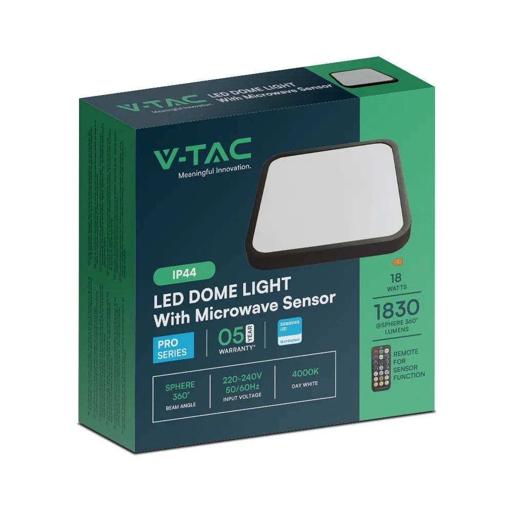 Imballo della plafoniera LED V-TAC 18W con sensore a microonde, certificazione IP44, garanzia di 5 anni, tecnologia Samsung LED