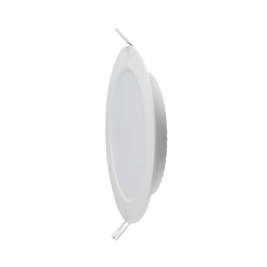 Pannello LED rotondo da incasso 18W con chip SAMSUNG, luce calda 3000K, retroilluminato, modello VT-61018 ideale per soffitti moderni.