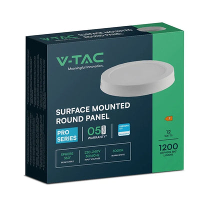 Imballo della plafoniera LED V-TAC 12W rotonda, con etichetta energetica e specifiche tecniche, luce calda 3000K, 1200 lumen
