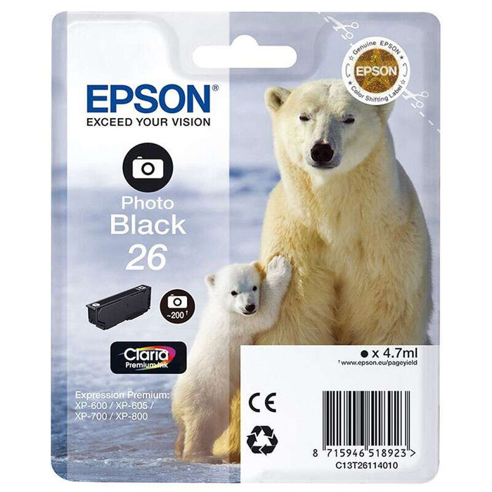 Epson T2611 (26) Nero Photo Cartuccia d'Inchiostro Originale - C13T26114012