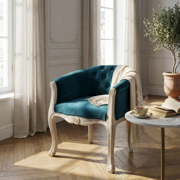 Poltrona in velluto blu con struttura in legno 61x61x71 cm