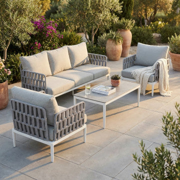 Salotto 3 pezzi struttura alluminio corda PVC cuscini poliestere