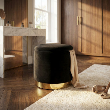 Pouf contenitore rotondo in velluto nero, diametro 37 cm, altezza 40 cm