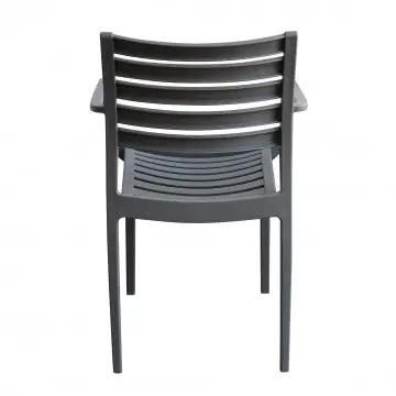 Retro della poltrona Eveline antracite in polipropilene, con schienale a listelli. Dimensioni: 58.5x55.2x84cm.
