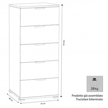 Mobiletto 5 cassetti bianco, 45x38x103 cm, truciolare bilaminato