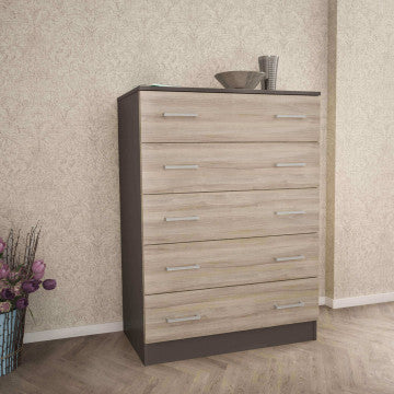 Mobile 5 cassetti in truciolare bilaminato grigio e olmo 80x45x111 cm