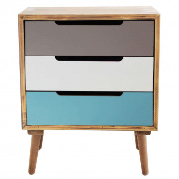 Cassettiera con struttura MDF, gambe in pino e 3 cassetti colorati