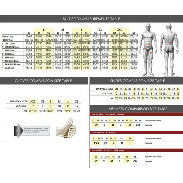 Tabella misure corpo e accessori Sparco