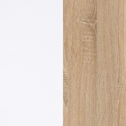 Dettaglio finitura armadio bianco artik/canadian con contrasto tra bianco lucido e effetto legno naturale.