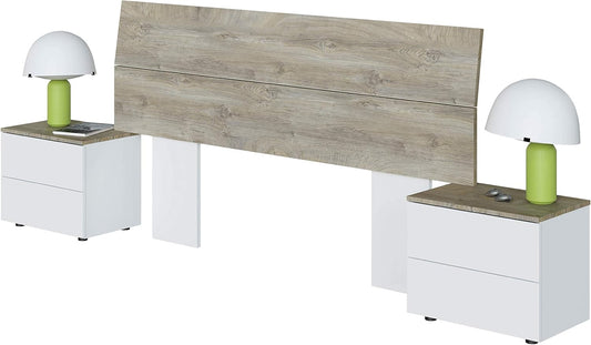 Set Testiera Letto Matrimoniale con 2 comodini in Bianco Artik e Rovere Alaska, design moderno e funzionale per camera da letto.