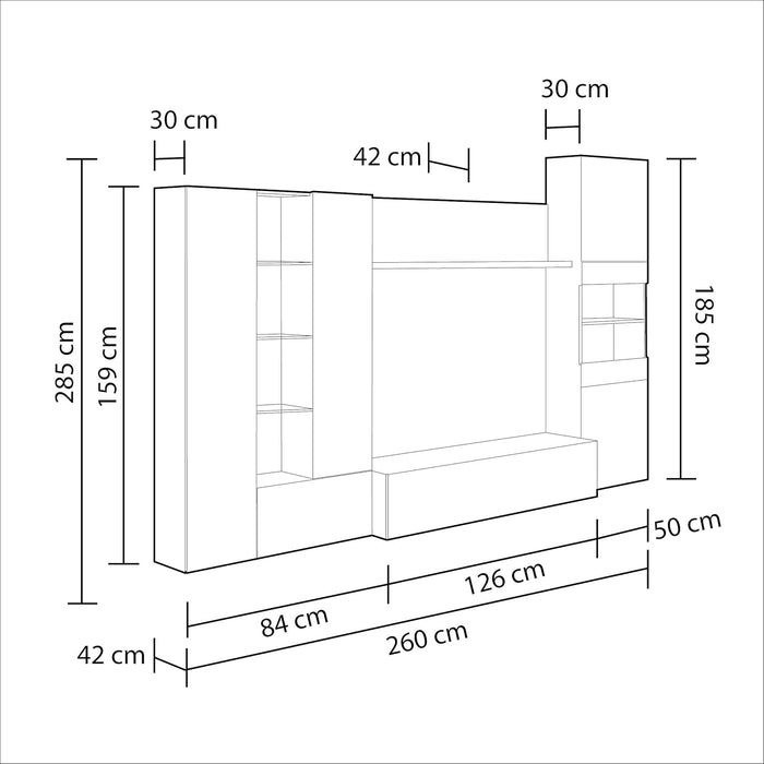 Schema tecnico del mobile soggiorno Essenzial LED, dimensioni 260x185x42 cm, con dettagli su altezza e larghezza dei moduli.