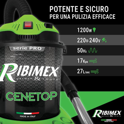 Specifiche tecniche dell'Aspiracenere Cene Top 1200W, con potenza di aspirazione di 17kPa e flusso d'aria di 27L/sec.