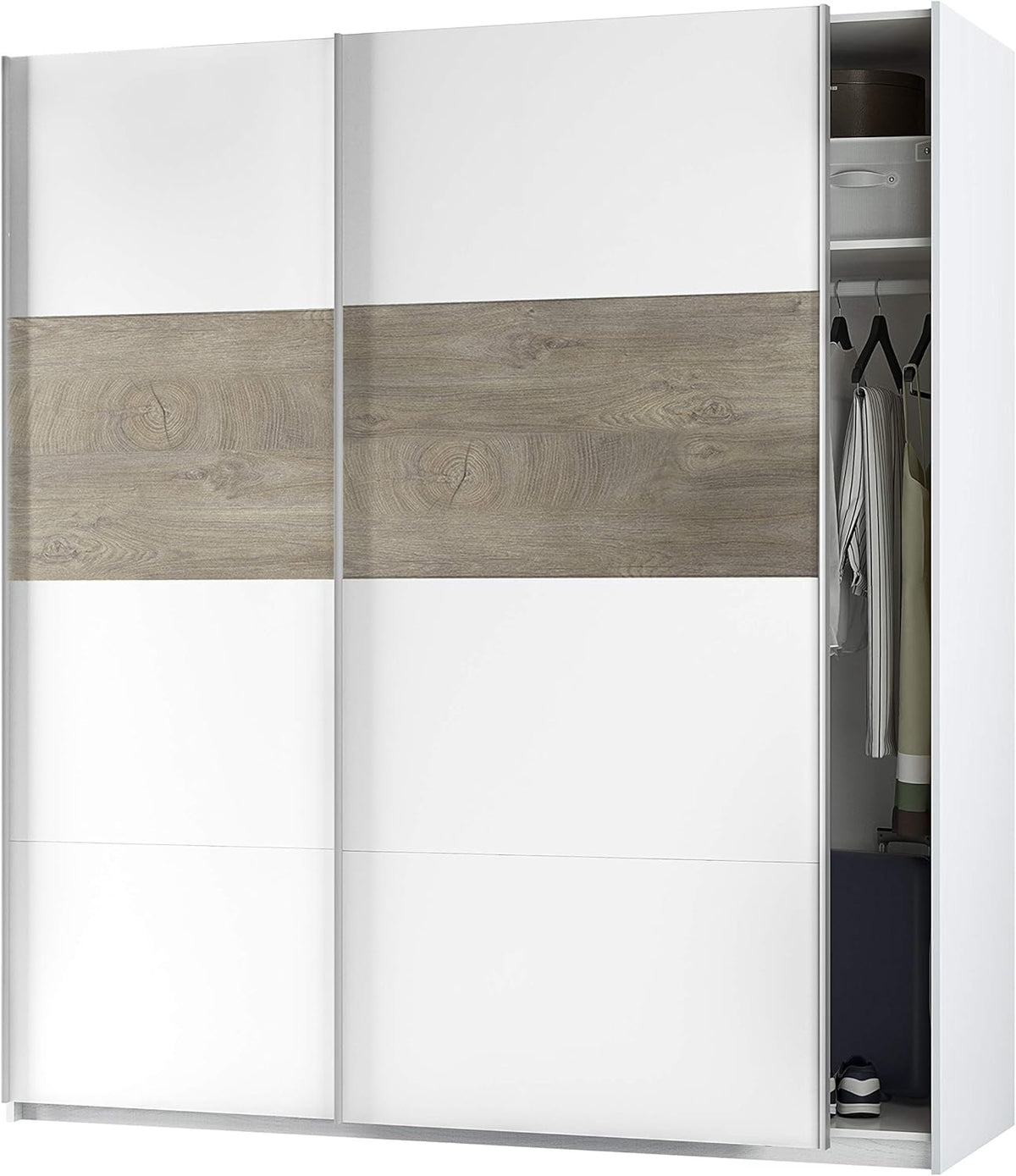 Armadio a due ante scorrevoli Bianco Artik e Rovere Alaska con pannelli bianchi e dettagli in legno, ideale per camere moderne.