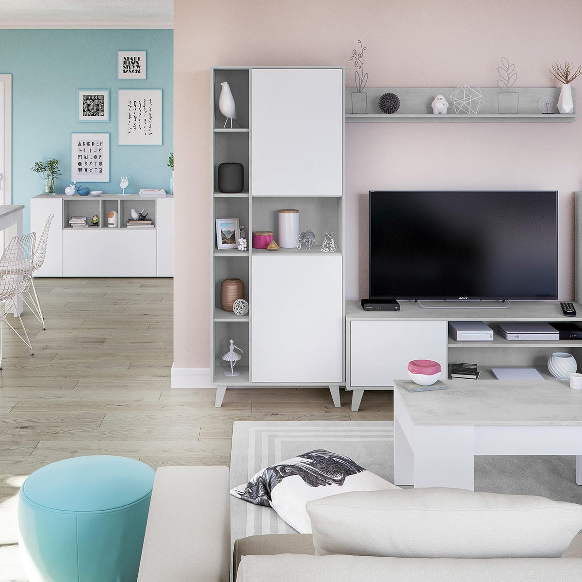 Credenza moderna Royla bianca e cemento in un soggiorno arredato in stile nordico, combinazione di mobili coordinati e decorazioni.